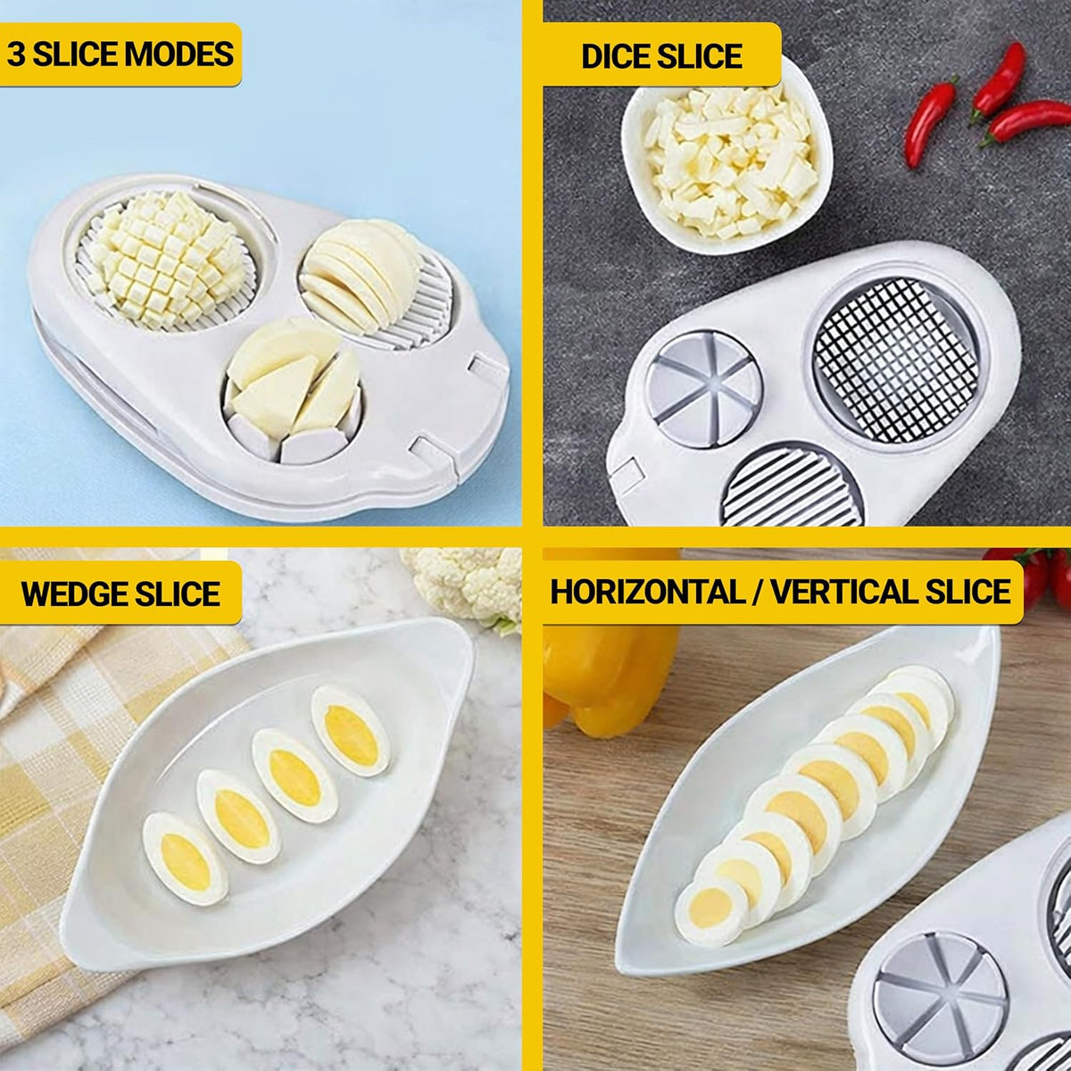 3-in-1 Egg Slicer for Hard Boiled Eggs, Stainless Steel Egg Cutter with 3 Slicing Styles, Heavy Duty Kitchen Tool for Eggs, Strawberries, Mushrooms, Kiwi & Soft Fruits
