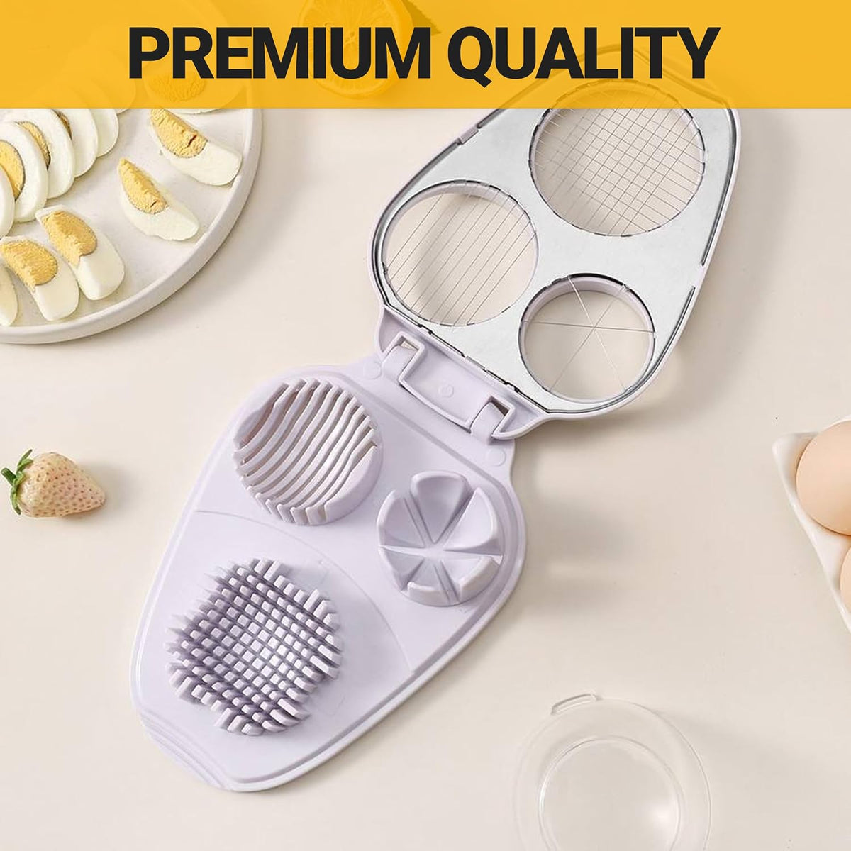 3-in-1 Egg Slicer for Hard Boiled Eggs, Stainless Steel Egg Cutter with 3 Slicing Styles, Heavy Duty Kitchen Tool for Eggs, Strawberries, Mushrooms, Kiwi & Soft Fruits
