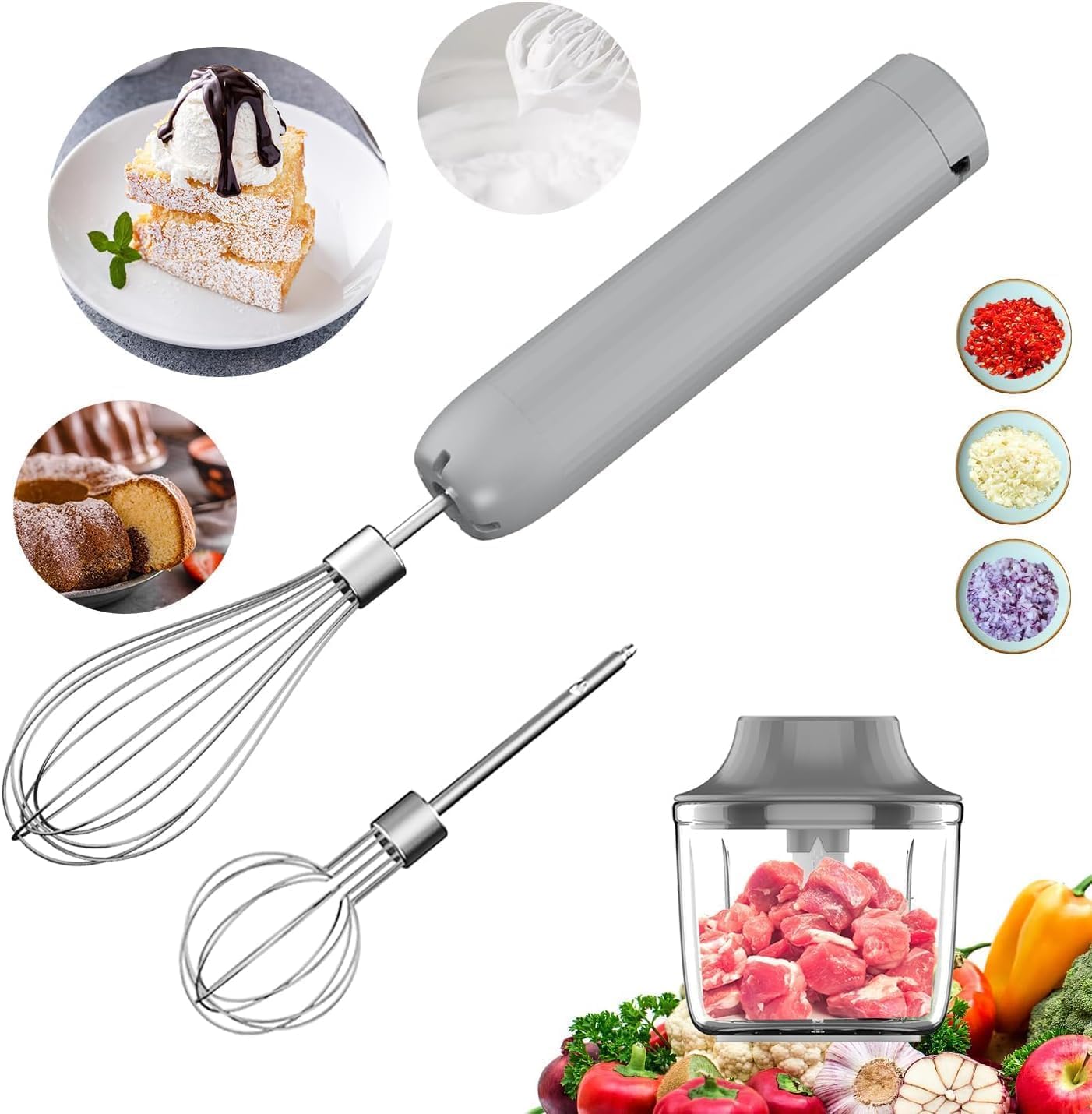 Cordless Hand Mixer MixgoII, Handheld Mixer Electric Whisk & Milk Frother, Hand Held Mini Mixers, Rechargeable Hand Mixer and Whisker, Food Processor for Cooking, Food Chopper, 4-Speed, 10Oz