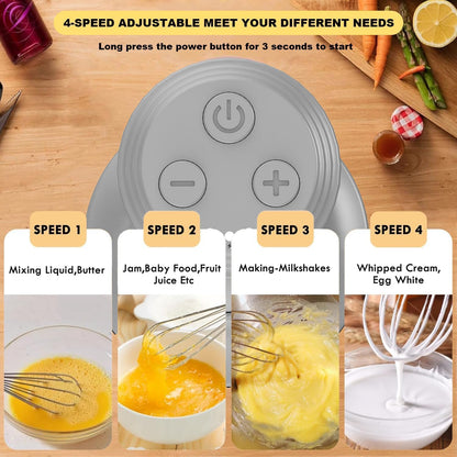 Cordless Hand Mixer MixgoII, Handheld Mixer Electric Whisk & Milk Frother, Hand Held Mini Mixers, Rechargeable Hand Mixer and Whisker, Food Processor for Cooking, Food Chopper, 4-Speed, 10Oz