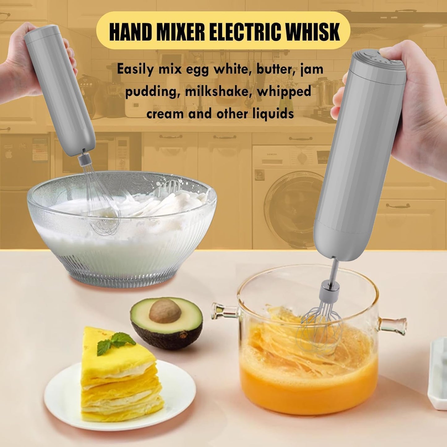 Cordless Hand Mixer MixgoII, Handheld Mixer Electric Whisk & Milk Frother, Hand Held Mini Mixers, Rechargeable Hand Mixer and Whisker, Food Processor for Cooking, Food Chopper, 4-Speed, 10Oz