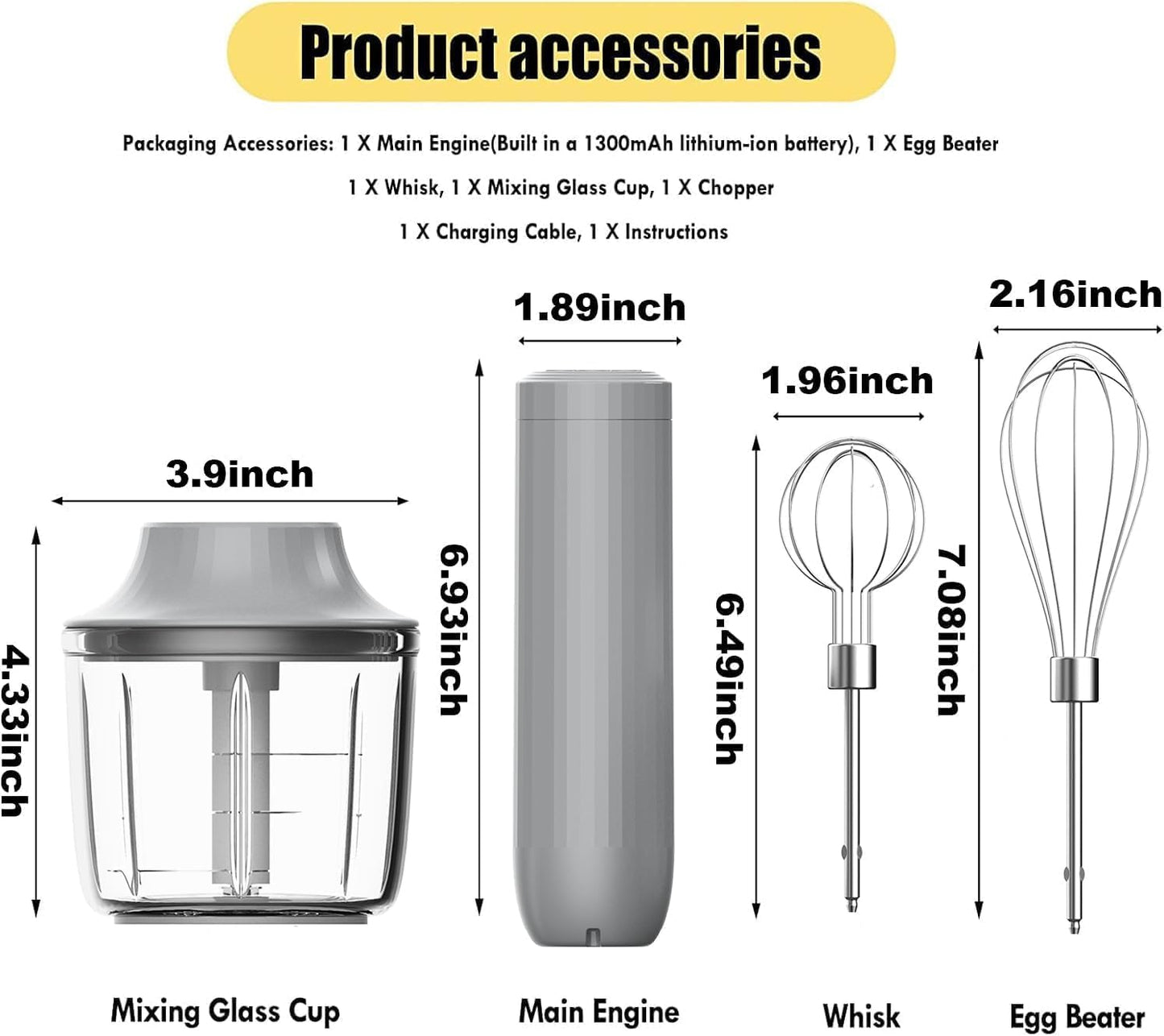 Cordless Hand Mixer MixgoII, Handheld Mixer Electric Whisk & Milk Frother, Hand Held Mini Mixers, Rechargeable Hand Mixer and Whisker, Food Processor for Cooking, Food Chopper, 4-Speed, 10Oz