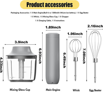 Cordless Hand Mixer MixgoII, Handheld Mixer Electric Whisk & Milk Frother, Hand Held Mini Mixers, Rechargeable Hand Mixer and Whisker, Food Processor for Cooking, Food Chopper, 4-Speed, 10Oz