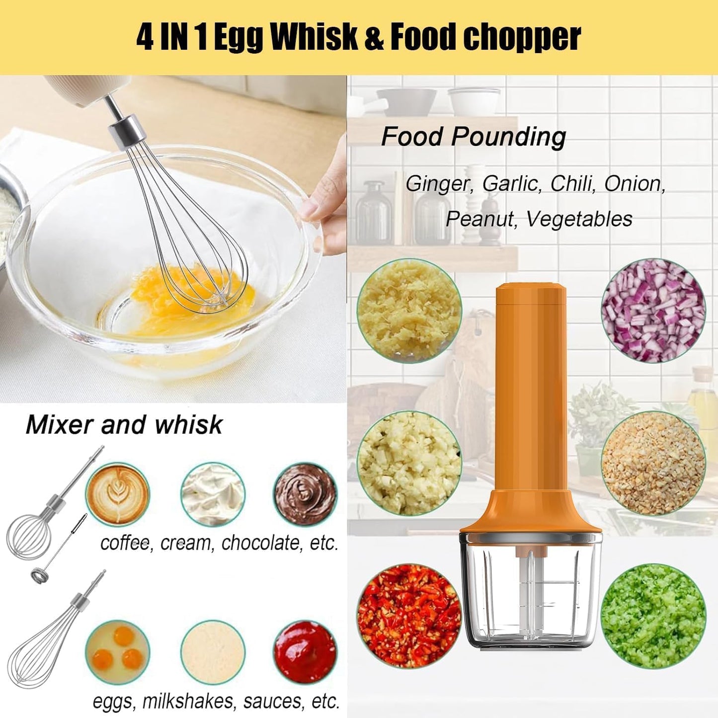 Cordless Hand Mixer MixgoII, Handheld Mixer Electric Whisk & Milk Frother, Hand Held Mini Mixers, Rechargeable Hand Mixer and Whisker, Food Processor for Cooking, Food Chopper, 4-Speed, 10Oz