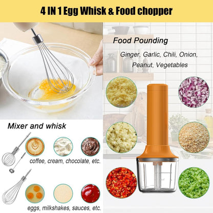 Cordless Hand Mixer MixgoII, Handheld Mixer Electric Whisk & Milk Frother, Hand Held Mini Mixers, Rechargeable Hand Mixer and Whisker, Food Processor for Cooking, Food Chopper, 4-Speed, 10Oz