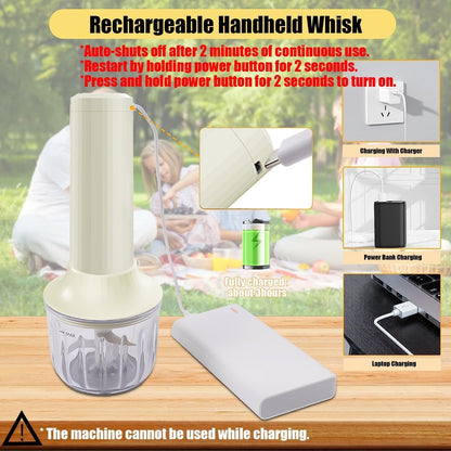 Cordless Hand Mixer MixgoII, Handheld Mixer Electric Whisk & Milk Frother, Hand Held Mini Mixers, Rechargeable Hand Mixer and Whisker, Food Processor for Cooking, Food Chopper, 4-Speed, 10Oz