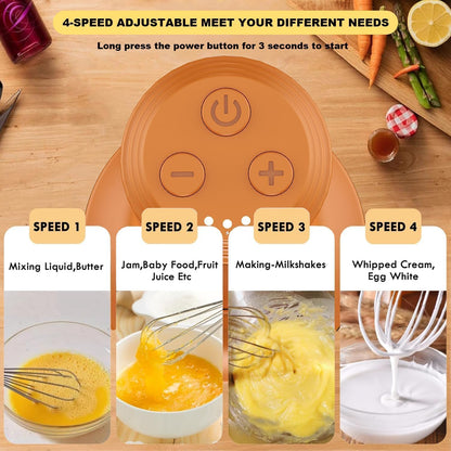 Cordless Hand Mixer MixgoII, Handheld Mixer Electric Whisk & Milk Frother, Hand Held Mini Mixers, Rechargeable Hand Mixer and Whisker, Food Processor for Cooking, Food Chopper, 4-Speed, 10Oz