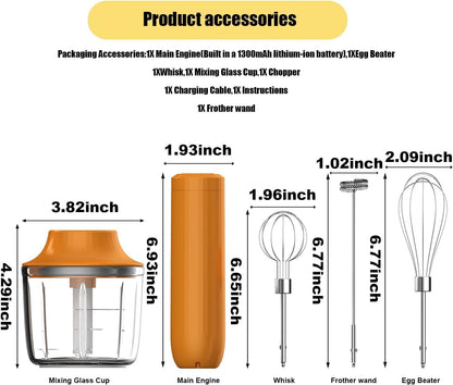 Cordless Hand Mixer MixgoII, Handheld Mixer Electric Whisk & Milk Frother, Hand Held Mini Mixers, Rechargeable Hand Mixer and Whisker, Food Processor for Cooking, Food Chopper, 4-Speed, 10Oz