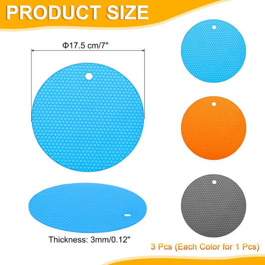 3pcs Silicone Jar Opener Pads, 17.5cm/7" Texture Can Opener Multipurpose Round Bottle Lid Opener Non-Slip Coasters for Weak Hands Seniors Children, Orange, Blue, Gray
