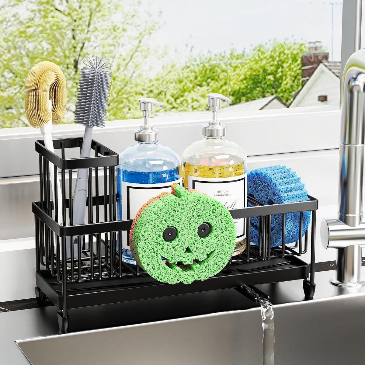 Extra Large Sponge Holder for Kitchen Sink Organizer Caddy, Dish Brush Scrubber Holder,Stainless Steel Sink Box Utensil Holder,Soap Dispenser Set Tray Counter Accessories & Storage Rack