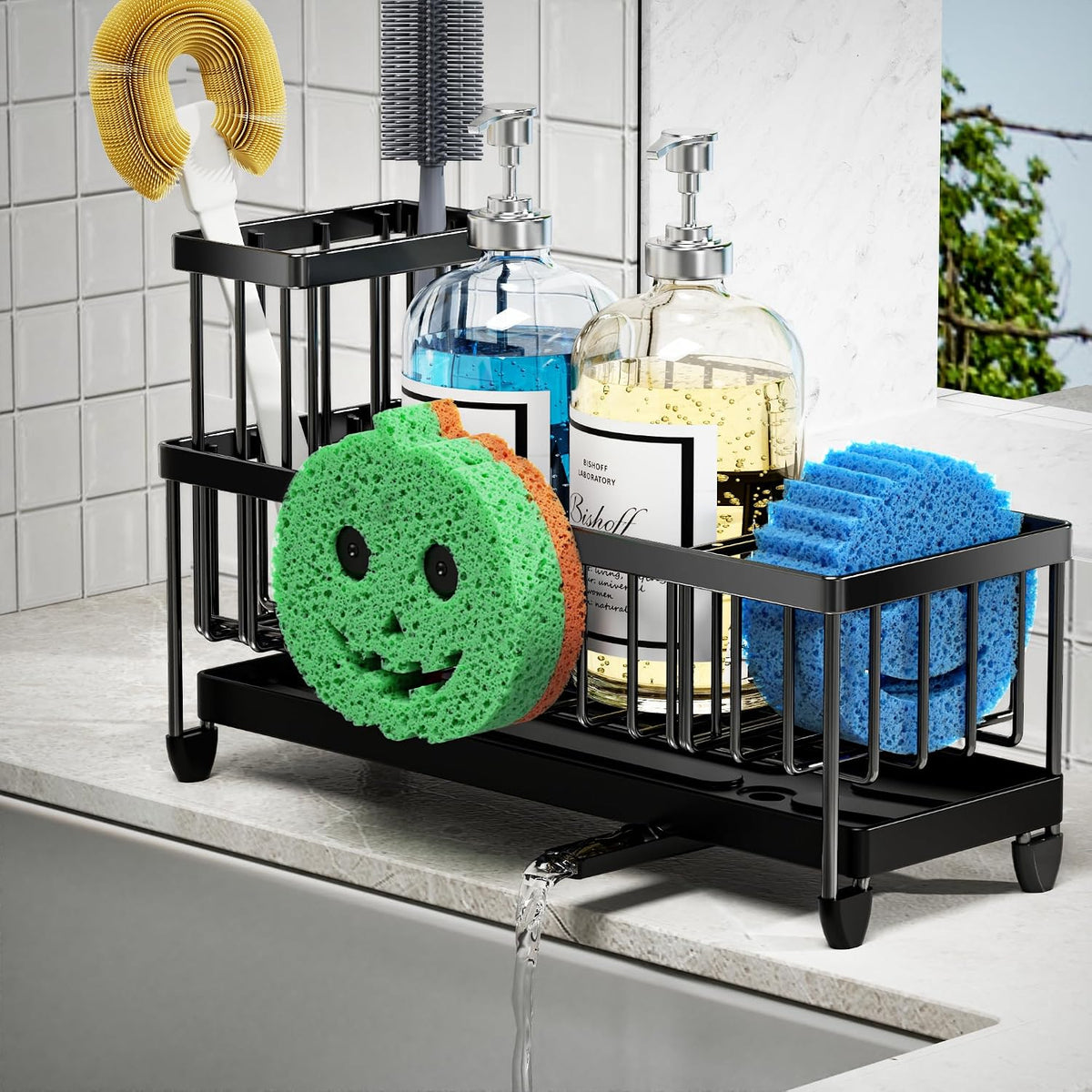 Extra Large Sponge Holder for Kitchen Sink Organizer Caddy, Dish Brush Scrubber Holder,Stainless Steel Sink Box Utensil Holder,Soap Dispenser Set Tray Counter Accessories & Storage Rack