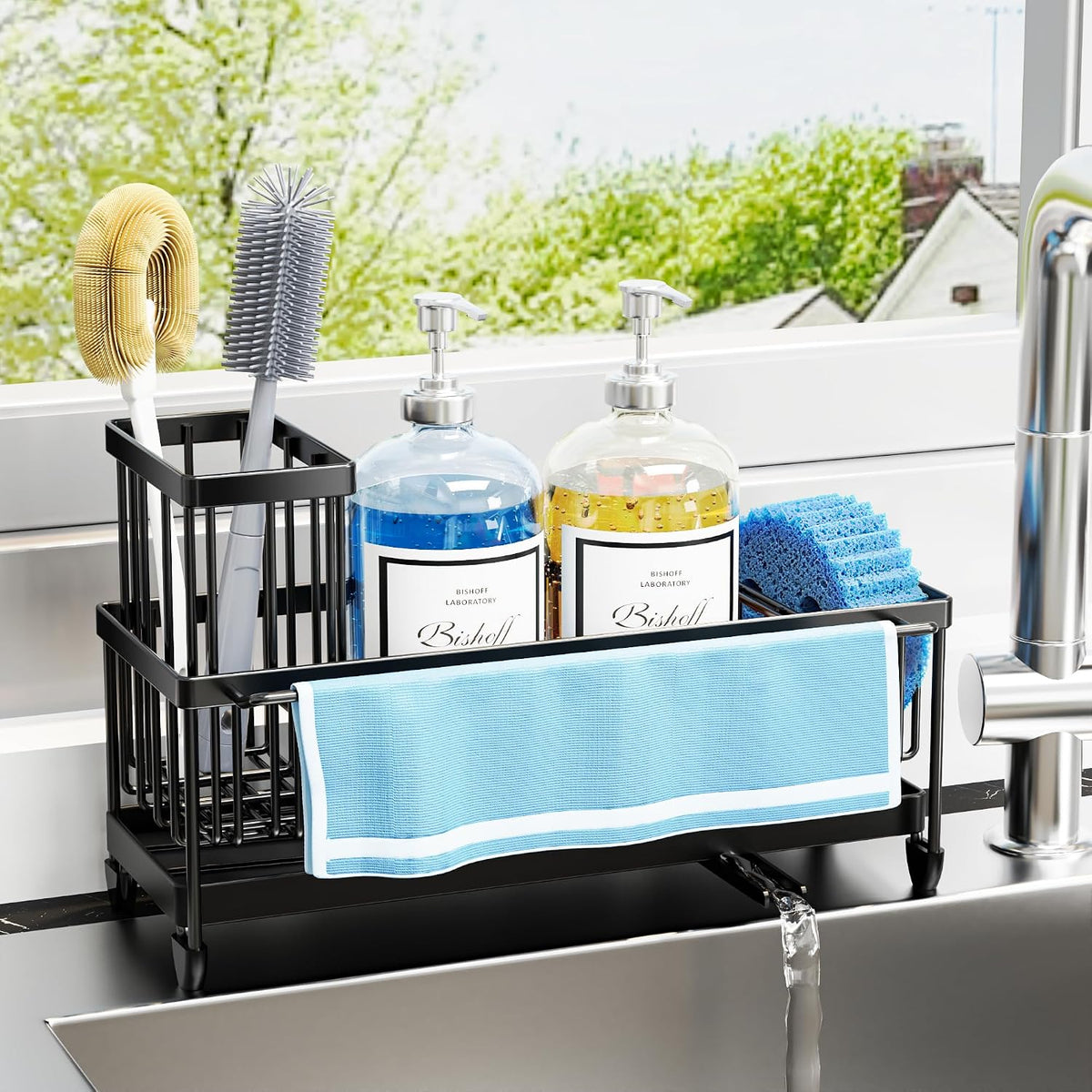 Extra Large Sponge Holder for Kitchen Sink Organizer Caddy, Dish Brush Scrubber Holder,Stainless Steel Sink Box Utensil Holder,Soap Dispenser Set Tray Counter Accessories & Storage Rack