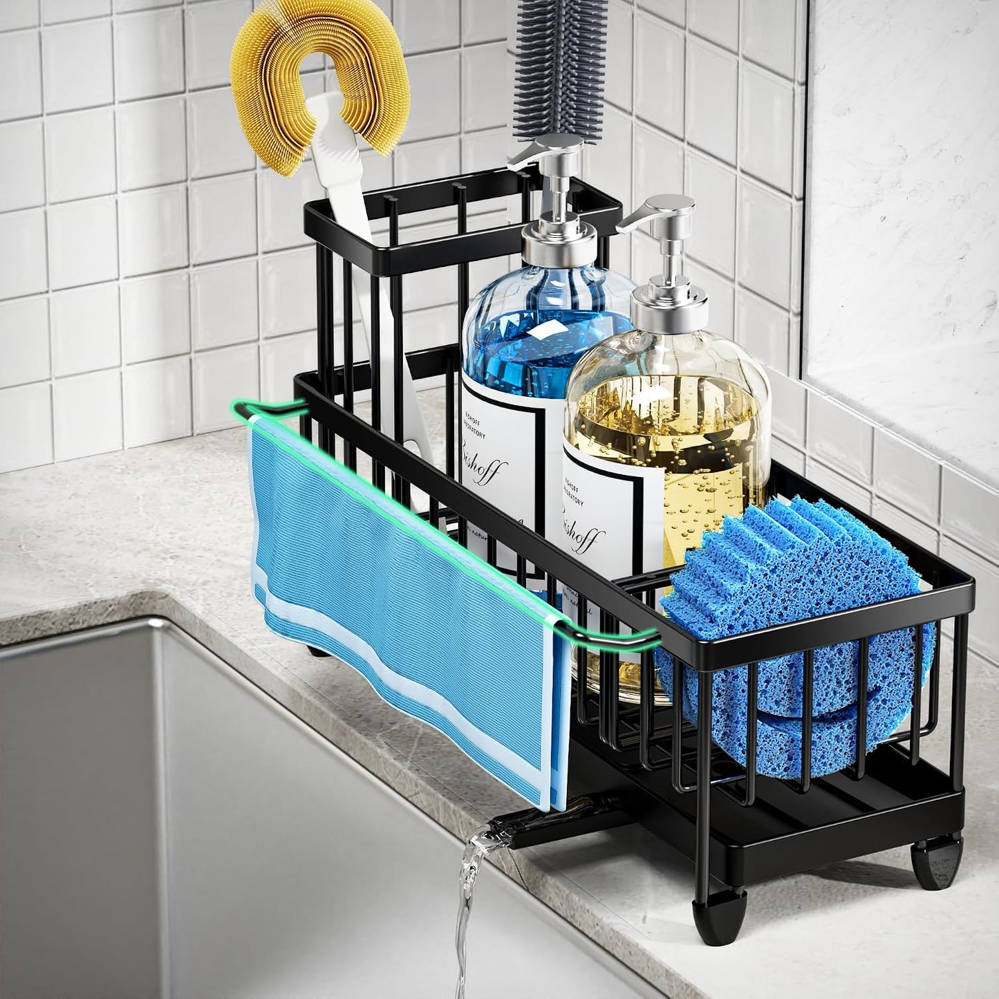 Extra Large Sponge Holder for Kitchen Sink Organizer Caddy, Dish Brush Scrubber Holder,Stainless Steel Sink Box Utensil Holder,Soap Dispenser Set Tray Counter Accessories & Storage Rack