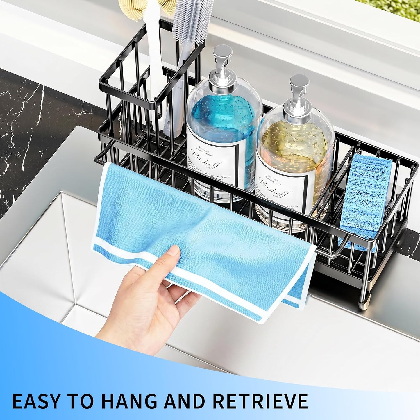 Extra Large Sponge Holder for Kitchen Sink Organizer Caddy, Dish Brush Scrubber Holder,Stainless Steel Sink Box Utensil Holder,Soap Dispenser Set Tray Counter Accessories & Storage Rack