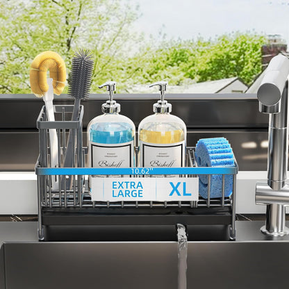 Extra Large Sponge Holder for Kitchen Sink Organizer Caddy, Dish Brush Scrubber Holder,Stainless Steel Sink Box Utensil Holder,Soap Dispenser Set Tray Counter Accessories & Storage Rack