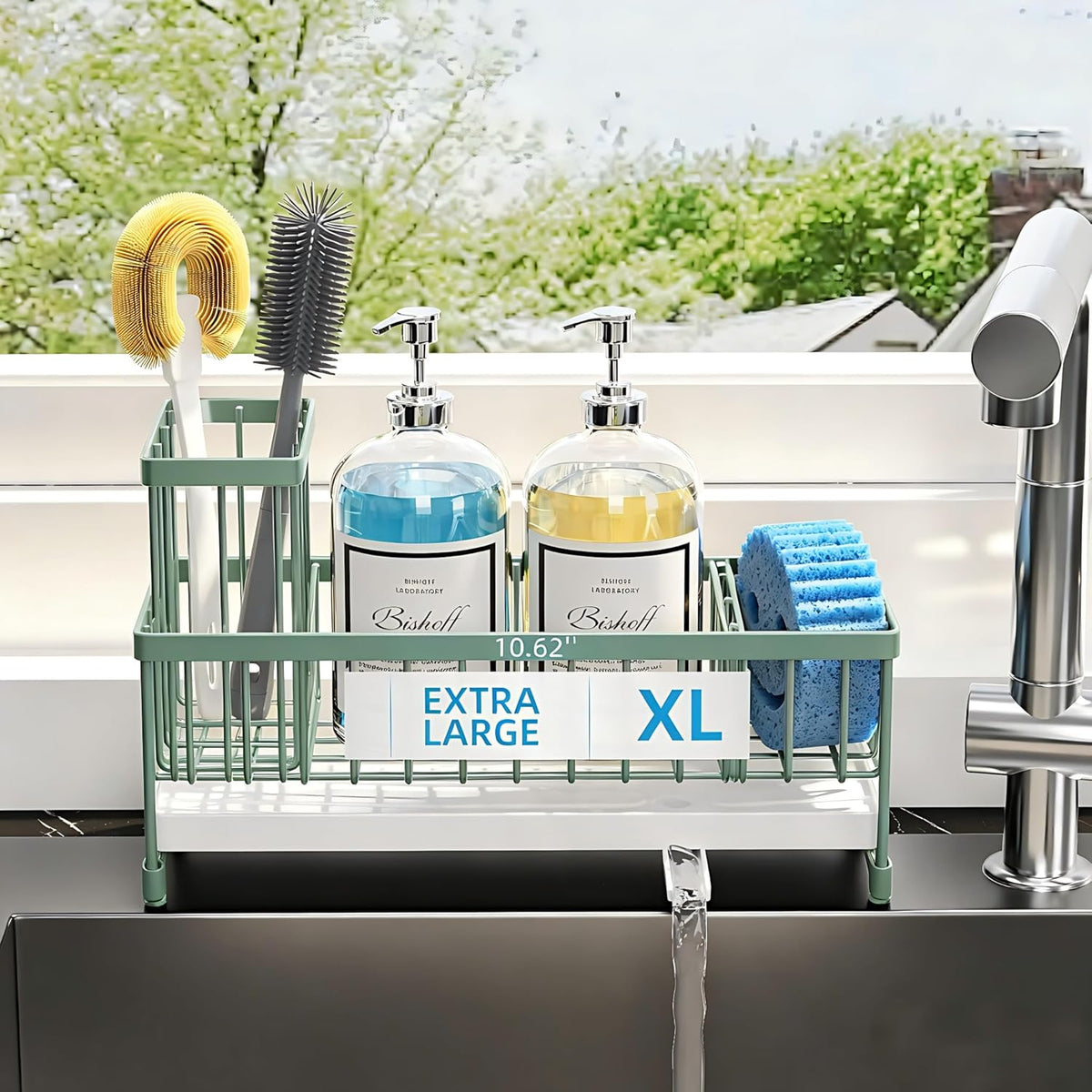 Extra Large Sponge Holder for Kitchen Sink Organizer Caddy, Dish Brush Scrubber Holder,Stainless Steel Sink Box Utensil Holder,Soap Dispenser Set Tray Counter Accessories & Storage Rack