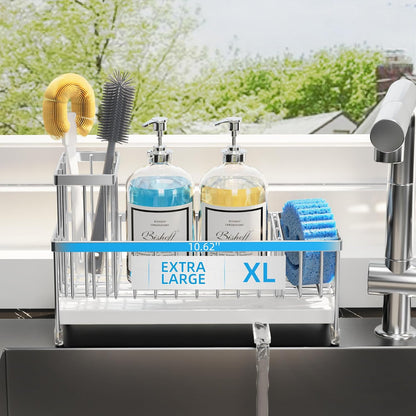 Extra Large Sponge Holder for Kitchen Sink Organizer Caddy, Dish Brush Scrubber Holder,Stainless Steel Sink Box Utensil Holder,Soap Dispenser Set Tray Counter Accessories & Storage Rack
