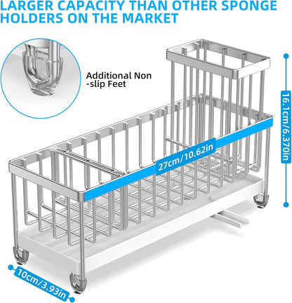 Extra Large Sponge Holder for Kitchen Sink Organizer Caddy, Dish Brush Scrubber Holder,Stainless Steel Sink Box Utensil Holder,Soap Dispenser Set Tray Counter Accessories & Storage Rack