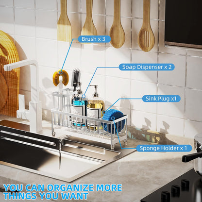 Extra Large Sponge Holder for Kitchen Sink Organizer Caddy, Dish Brush Scrubber Holder,Stainless Steel Sink Box Utensil Holder,Soap Dispenser Set Tray Counter Accessories & Storage Rack