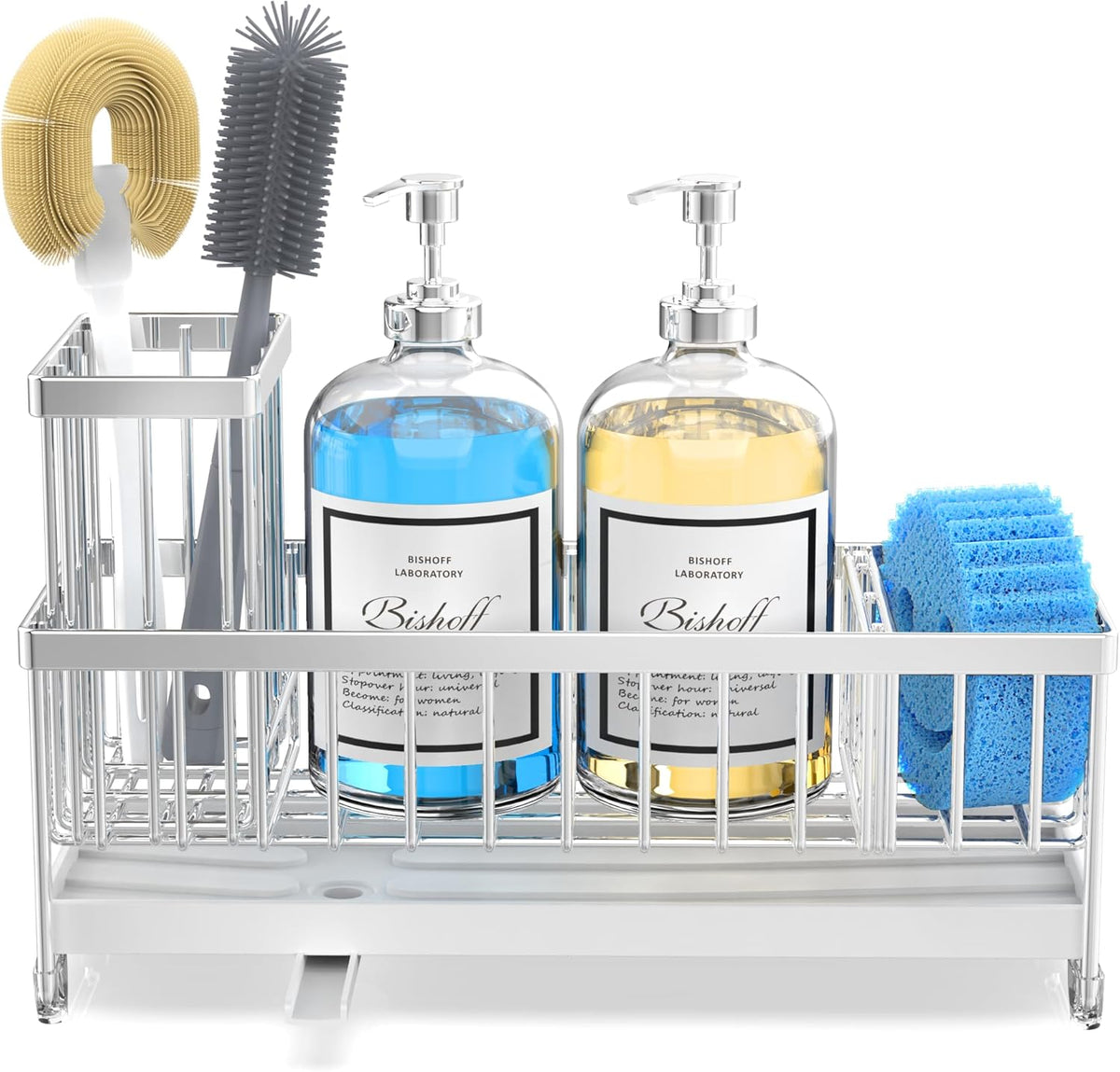 Extra Large Sponge Holder for Kitchen Sink Organizer Caddy, Dish Brush Scrubber Holder,Stainless Steel Sink Box Utensil Holder,Soap Dispenser Set Tray Counter Accessories & Storage Rack