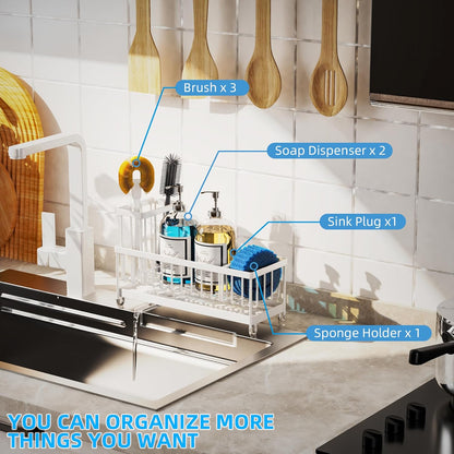 Extra Large Sponge Holder for Kitchen Sink Organizer Caddy, Dish Brush Scrubber Holder,Stainless Steel Sink Box Utensil Holder,Soap Dispenser Set Tray Counter Accessories & Storage Rack