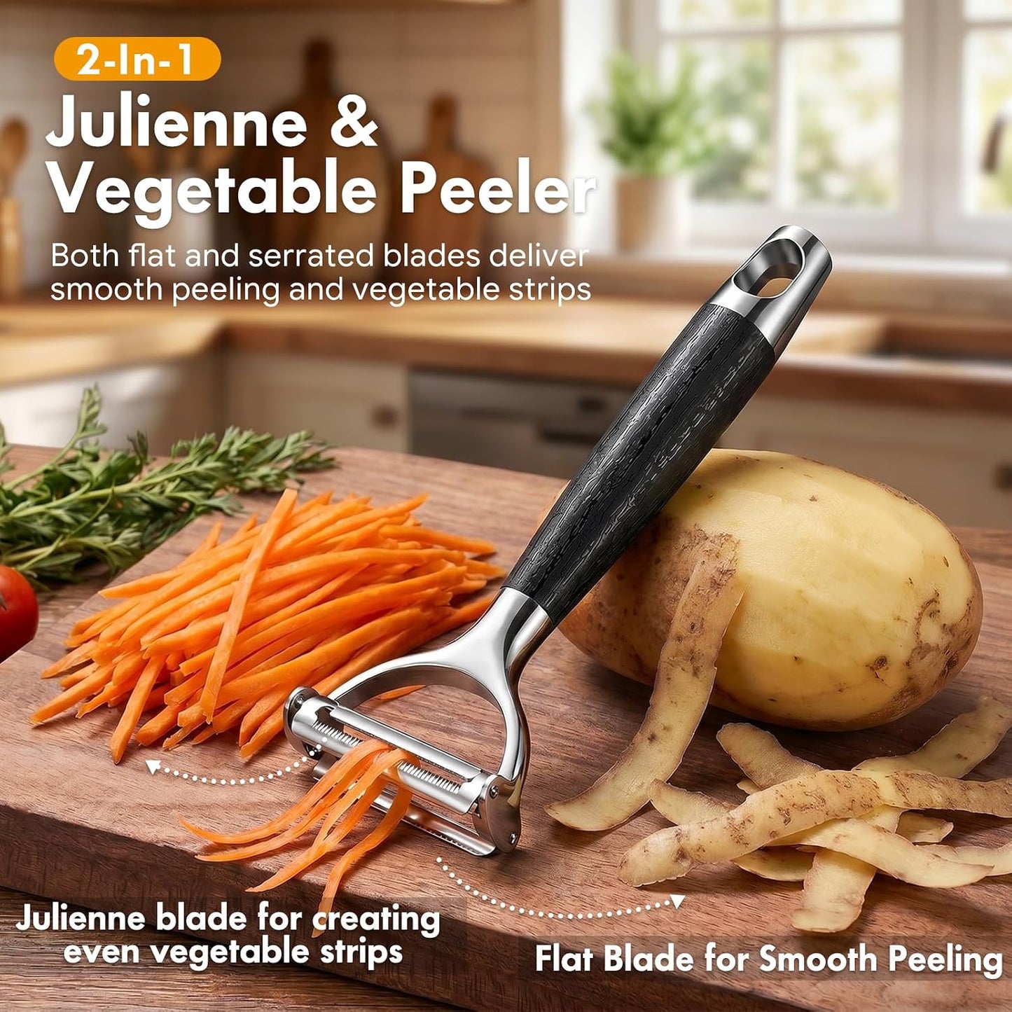 2-in-1 Julienne & Vegetable Peeler, Dual Blade for Zucchini, Potato, Carrot