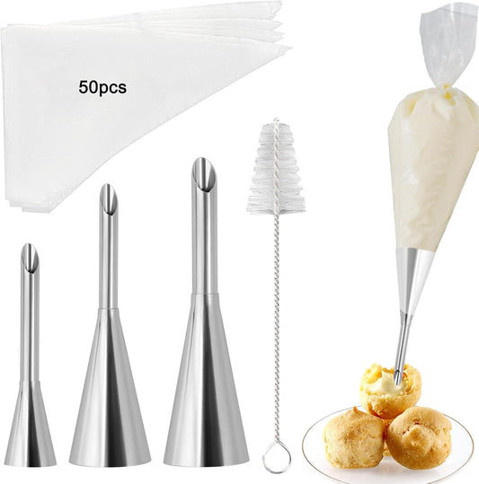 3 Pcs Puff Cream Filling Piping Tips Kit Stainless Steel Long Icing Piping Nozzle Tips With 50 Disposable Pastry Piping Bags and Tip Cleaning Brush for Filling Donuts Cupcakes Eclairs Decorating Tool