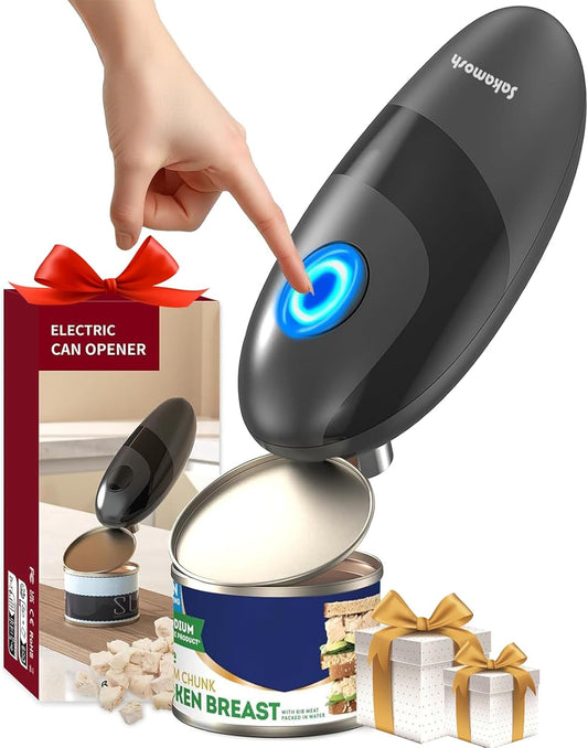 Electric Can Opener Smooth Edge | Seniors-friendly One-Touch Operation, Safe & Smooth Edges, Fits Most Cans, Ideal Kitchen Gift, Battery Operated, Black