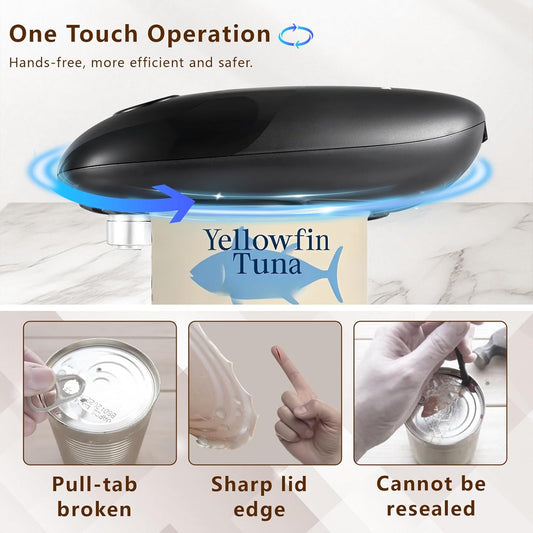 Electric Can Opener Smooth Edge | Seniors-friendly One-Touch Operation, Safe & Smooth Edges, Fits Most Cans, Ideal Kitchen Gift, Battery Operated, Black