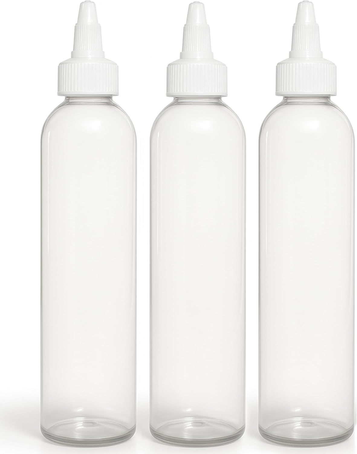 Twist Top Applicator Bottles, 8 OZ Crystal Clear, Squeeze Empty Plastic Bottles, BPA-Free, PET, Refillable, Open/Close Nozzle - Multi Purpose (Pack of 3)