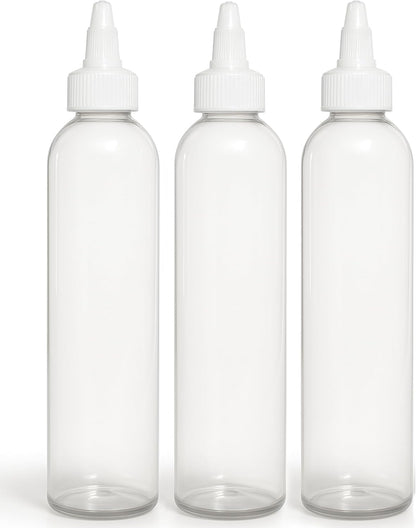 Twist Top Applicator Bottles, 8 OZ Crystal Clear, Squeeze Empty Plastic Bottles, BPA-Free, PET, Refillable, Open/Close Nozzle - Multi Purpose (Pack of 3)