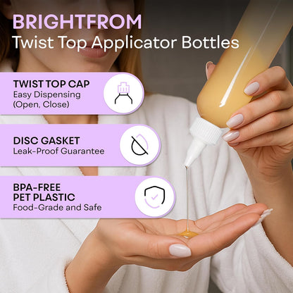 Twist Top Applicator Bottles, 8 OZ Crystal Clear, Squeeze Empty Plastic Bottles, BPA-Free, PET, Refillable, Open/Close Nozzle - Multi Purpose (Pack of 3)