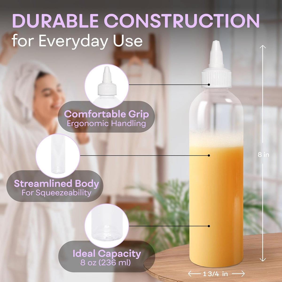 Twist Top Applicator Bottles, 8 OZ Crystal Clear, Squeeze Empty Plastic Bottles, BPA-Free, PET, Refillable, Open/Close Nozzle - Multi Purpose (Pack of 3)