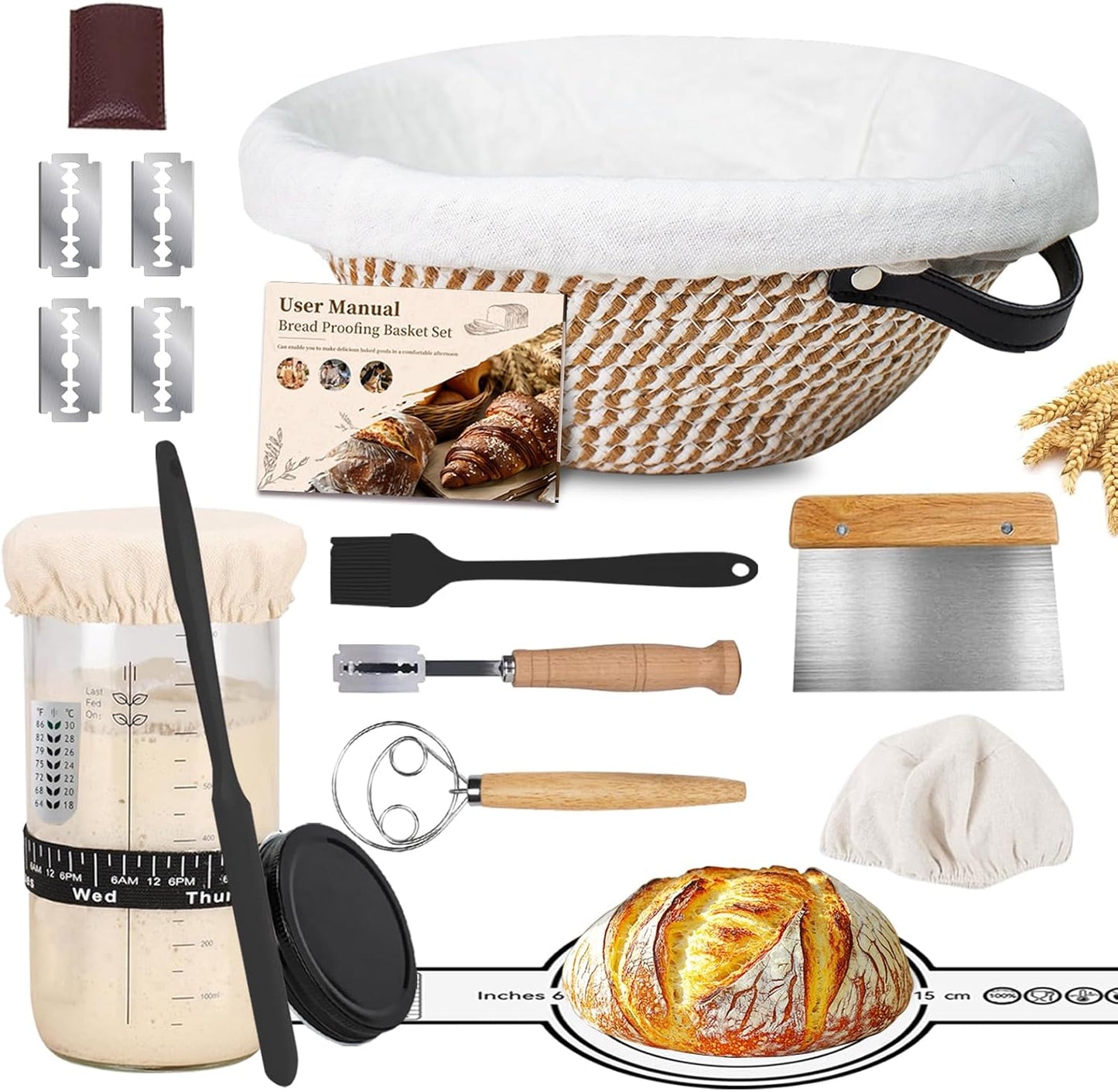 Sourdough Starter Kit 10" Round Banneton Bread Proofing Basket | Sourdough Bread Baking Supplies - Starter Jars, Bread Sling, Scoring Lame, Dough Whisk & Scrapers,Sour Dough Kits for Bakers