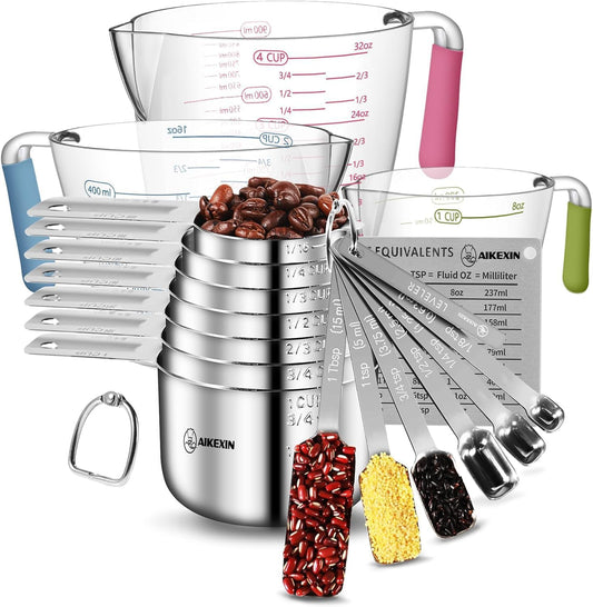 20 PCS Measuring Cups & Spoons Set, for Cooking & Baking Gadgets | 18/10 Stainless Steel, Metal Material | Nesting, Stackable Design | Dry & Liquid | Plastic | Leveler, Conversion Chart
