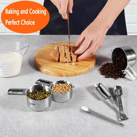 20 PCS Measuring Cups & Spoons Set, for Cooking & Baking Gadgets | 18/10 Stainless Steel, Metal Material | Nesting, Stackable Design | Dry & Liquid | Plastic | Leveler, Conversion Chart