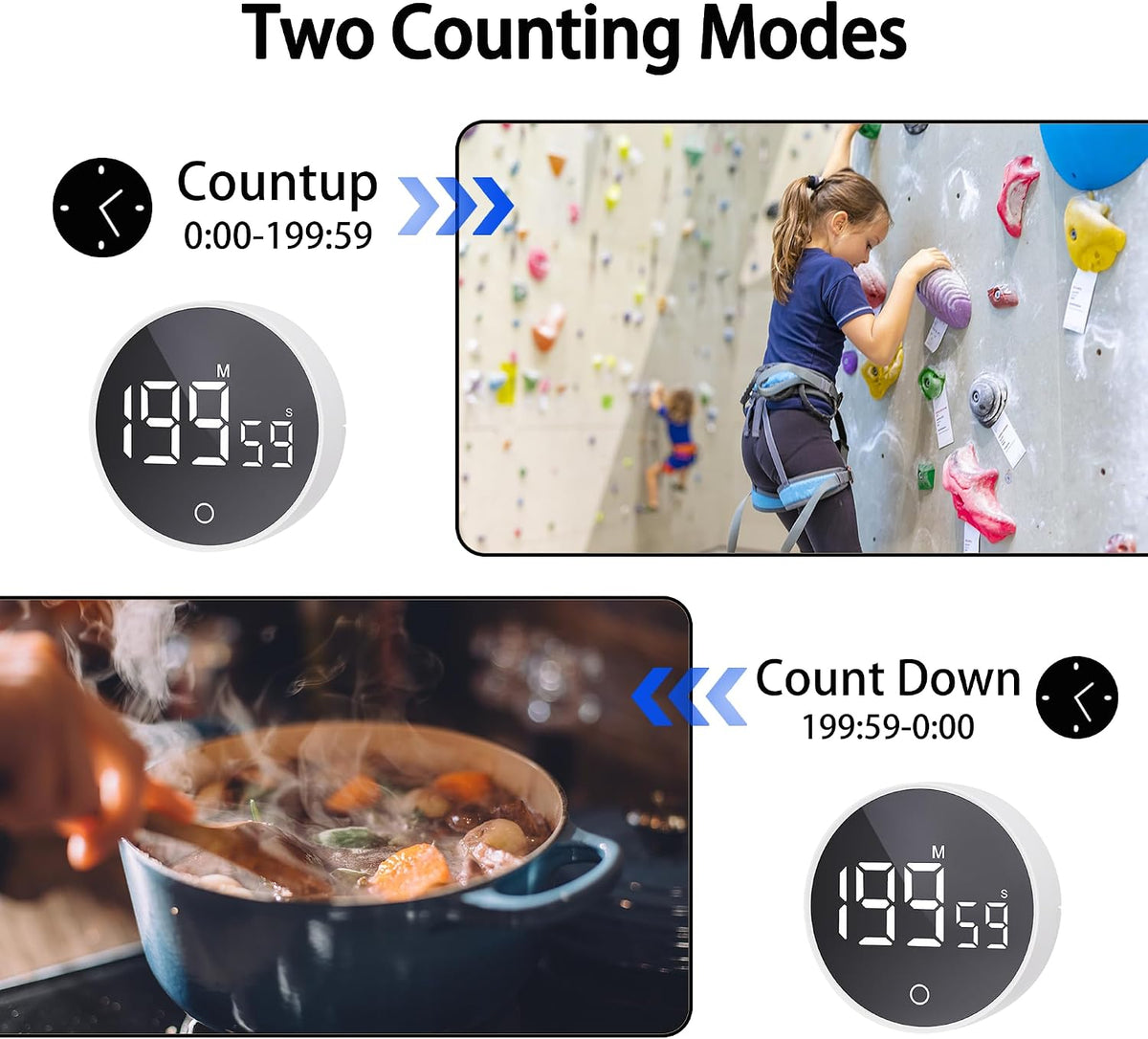 Digital Kitchen Timers, Magnetic Rotary Timer with Large LED Display, 3 Volume Levels, 0-199Min Countdown/Up, Easy Operation for Cooking, Studying, Fitness, Kids & Seniors