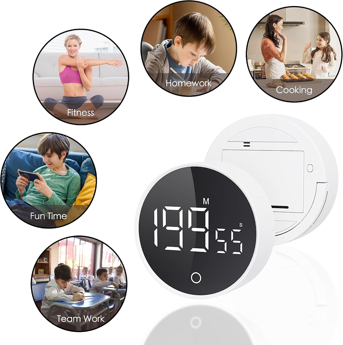 Digital Kitchen Timers, Magnetic Rotary Timer with Large LED Display, 3 Volume Levels, 0-199Min Countdown/Up, Easy Operation for Cooking, Studying, Fitness, Kids & Seniors