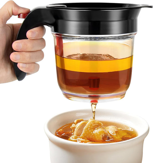 Fat Separator with Bottom Release and Oil Strainer Gravy Separator 4 Cups or 1000ml Fat Strainer Measuring Cup Plastic Soup Oil Separator Fat Skimmer for Gravy Sauces and Other Liquids Black