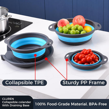 Collapsible Colander Set with Oversized Draining Tray | 3-Pack Foldable Kitchen Strainers + Base | Space Saving for Pasta, Veggies, Fruit & Rice | 5 Colors (Gray-Blue)