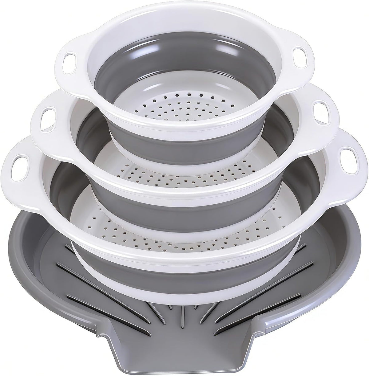 Collapsible Colander Set with Oversized Draining Tray | 3-Pack Foldable Kitchen Strainers + Base | Space Saving for Pasta, Veggies, Fruit & Rice | 5 Colors (Gray-Blue)