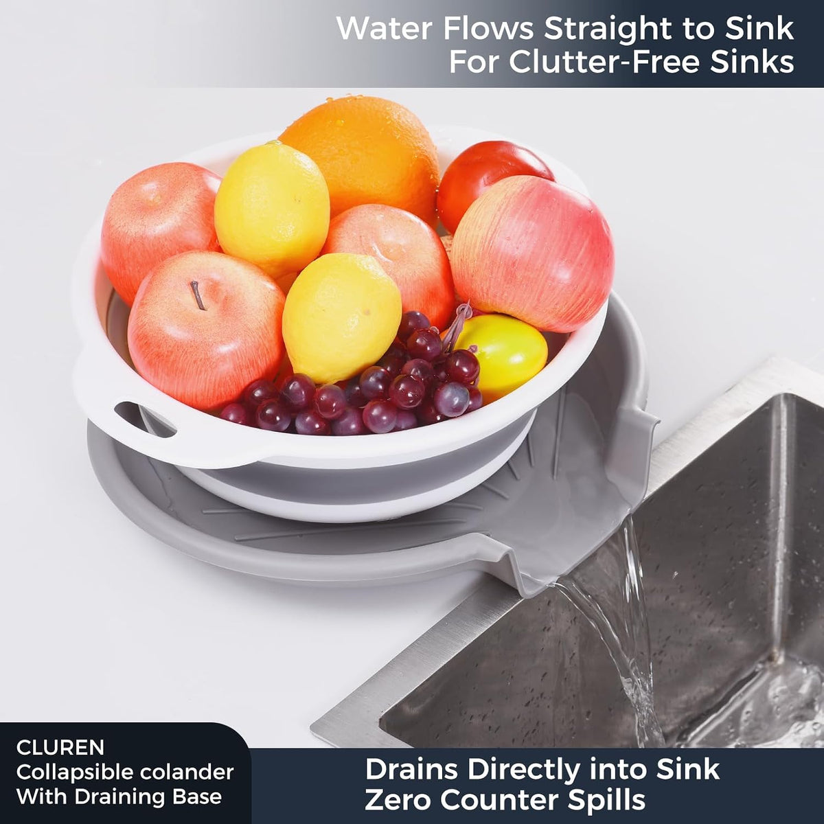Collapsible Colander Set with Oversized Draining Tray | 3-Pack Foldable Kitchen Strainers + Base | Space Saving for Pasta, Veggies, Fruit & Rice | 5 Colors (Gray-Blue)