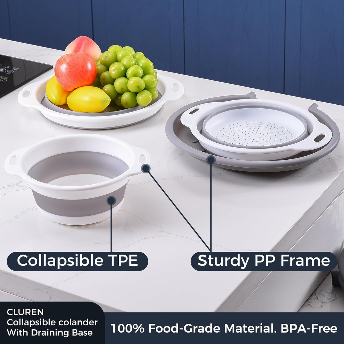 Collapsible Colander Set with Oversized Draining Tray | 3-Pack Foldable Kitchen Strainers + Base | Space Saving for Pasta, Veggies, Fruit & Rice | 5 Colors (Gray-Blue)