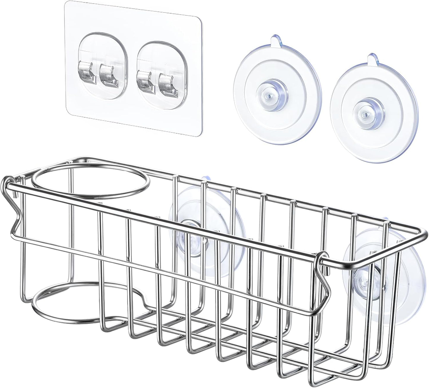 3-In-1 Sponge Holder for Kitchen Sink with Suction Cups & Adhesive Hook , In-sink Sponge Holder, Wall Hanging Sink Caddy Organizer Rack - Sponge, Dish Cloth, Brush, Scrubber - 304 Stainless Steel