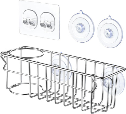3-In-1 Sponge Holder for Kitchen Sink with Suction Cups & Adhesive Hook , In-sink Sponge Holder, Wall Hanging Sink Caddy Organizer Rack - Sponge, Dish Cloth, Brush, Scrubber - 304 Stainless Steel