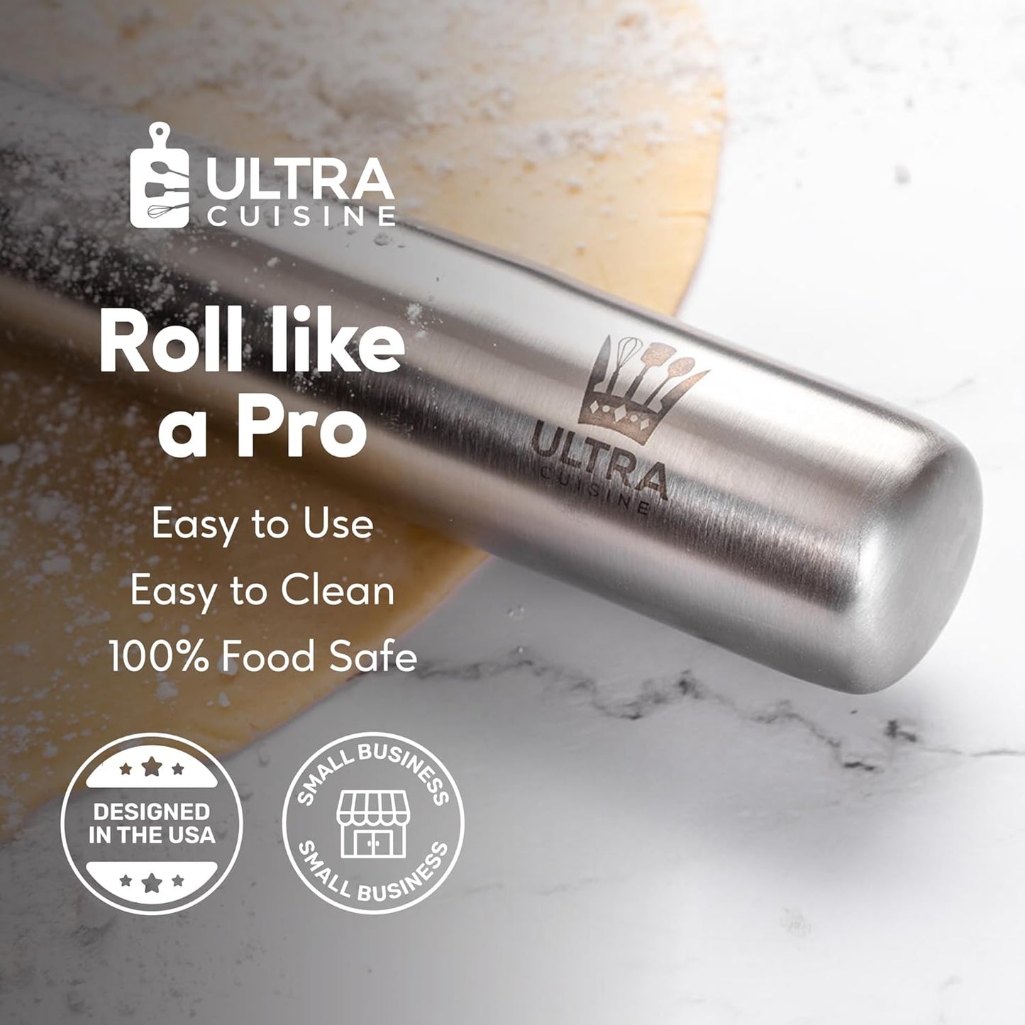 French Rolling Pin for Baking – Tapered Stainless Steel Design with Measurements, Professional or Home Use with Pizza, Cookie, & Pastry Dough, or Fondant and Pie Crust – Dishwasher-Safe