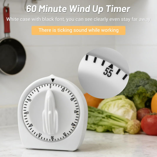 Kitchen Timers for Cooking,60 Minute Wind Up Timer,Visual Mechanical Timer,with Loud Alarm,No Batteries Required,Manual Countdown Timers for Classroom, Home, Study and Cooking (White)