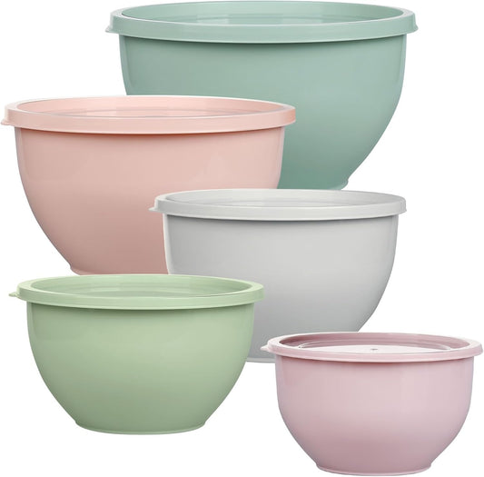 Plastic Mixing Bowls with Lids Set for Kitchen, 5 Set Nesting Bowls for Mixing, Baking, Prepping, Cooking and Serving Food, Mixing Bowls Dishwasher, Microwave Safe