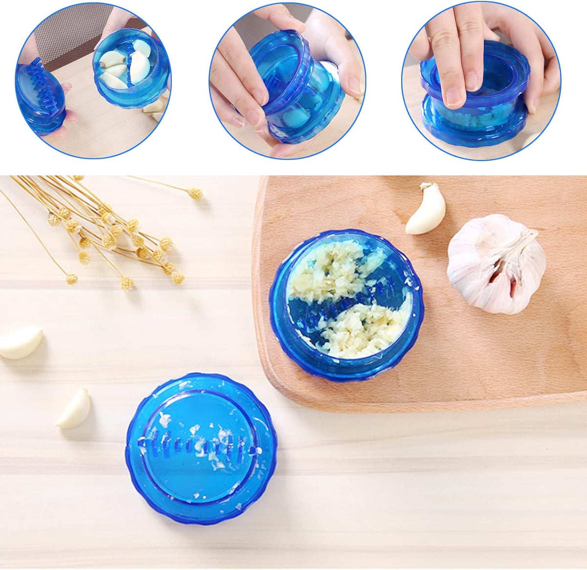 Garlic Crusher Tool, Blue Manual Garlic Mincer Press, Non-Slip Garlic Mincer Garlic Peeler, Kitchen Gadget Garlic Presses for Mincing Garlic Onions, Gingers, Fruits, Salad