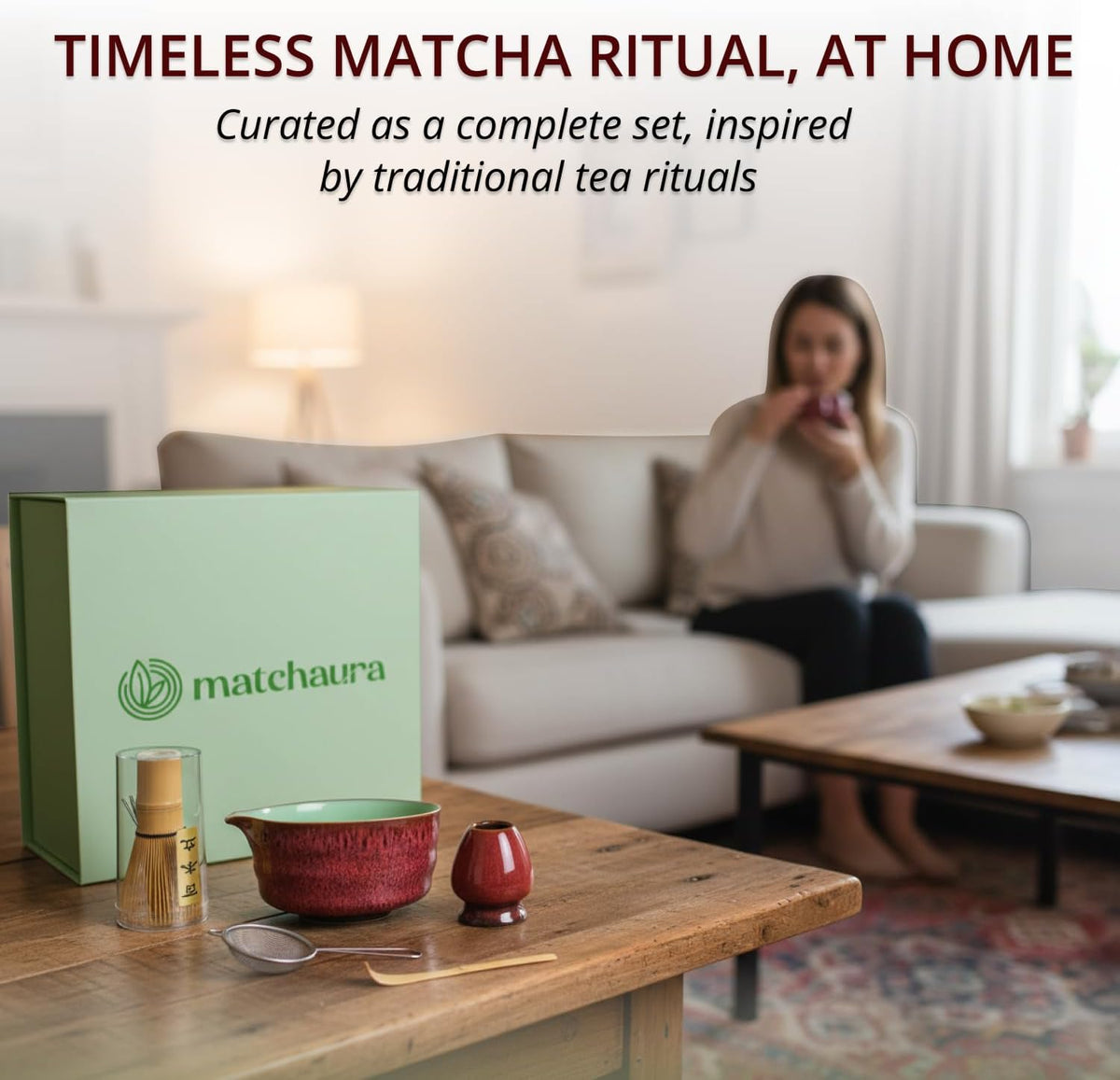 Premium Matcha Whisk Set with Spouted Ceramic Bowl – 5-Piece Matcha Kit with Bamboo Whisk, Holder, Sifter & Scoop – Magnetic Gift Box